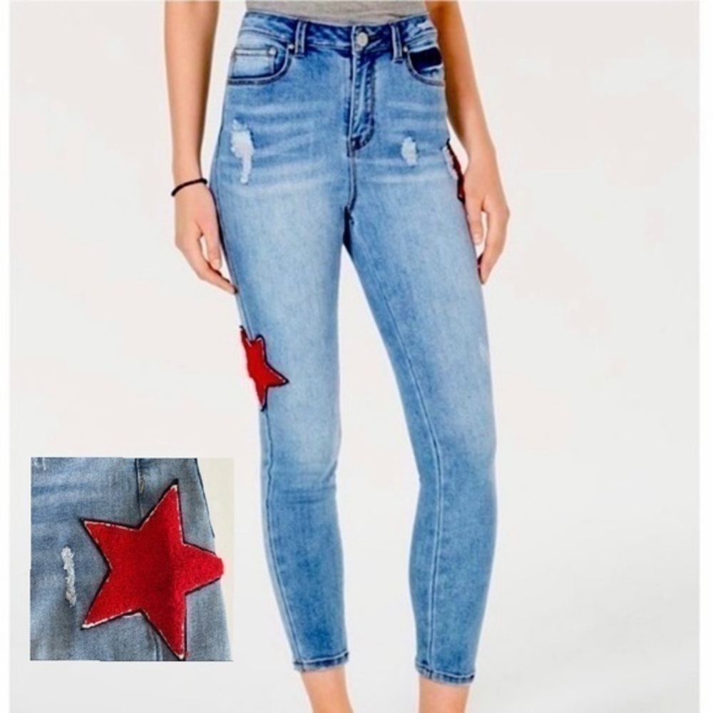 Indigo Rein Distressed Stars Patch Embroidery Light Wash HighRise Ankle Jeans 9